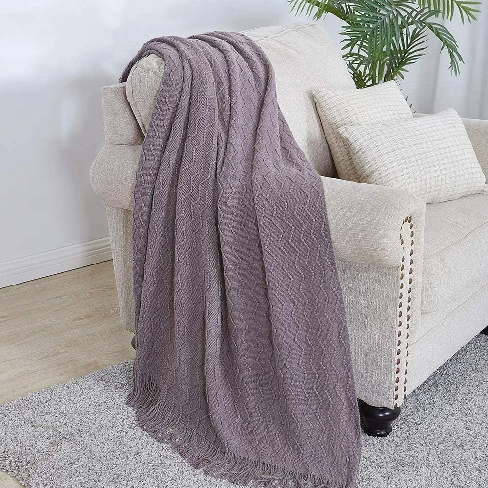 Bourina Throw Blanket 60x80 Super Soft Dark Lavender Knit Textured Fringe New